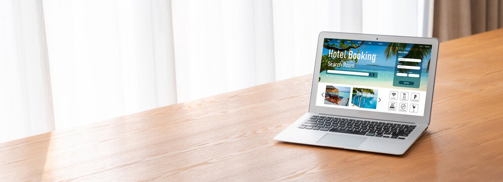 Online hotel accommodation booking website provide modish reservation system . Travel technology concept .