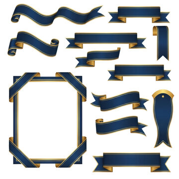 Dark blue ribbons and banners with elegant gold outlines and undersides, various shapes including wavy scrolls and fishtail ends, with a rectangular frame, isolated on a transparent background, soft