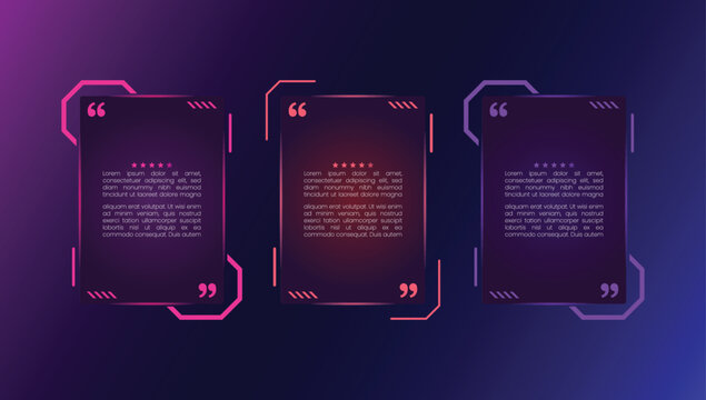 Three futuristic quote boxes with neon borders and digital text on a gradient