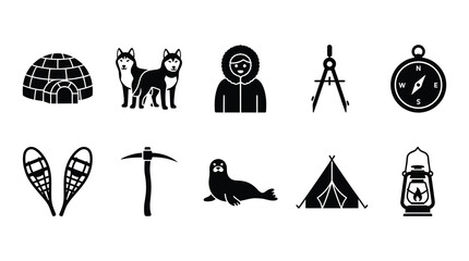 a set of black and white travel and expedition icons on white background, including igloo, huskies, inuit, compass, tent, seal, pickaxe, lantern, and more. © Noro