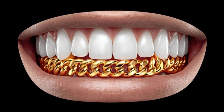 Close-up of perfect white teeth adorned with shiny gold gangster grillz