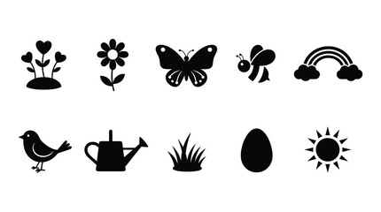 a collection of black silhouettes featuring various garden and nature icons, including plants, insects, and weather symbols, on a white background. © Noro
