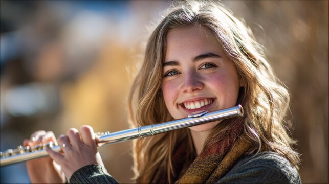 Young woman plays flute outdoors in sunny park with smiling face and relaxed mood
