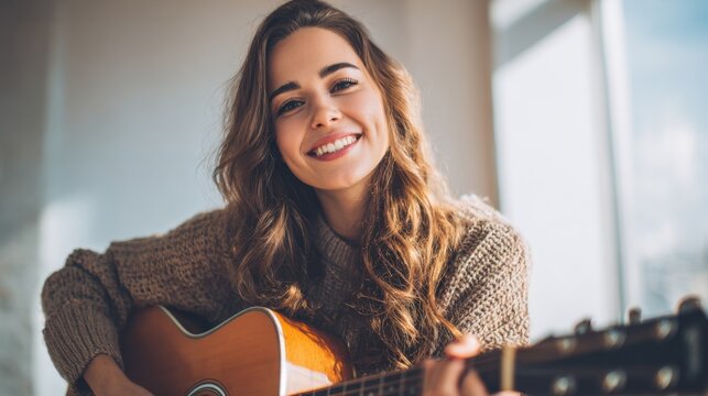 Young woman plays acoustic guitar in bright music room with warm background and casual outfit