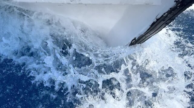Close-up of motorboat bow cutting through deep blue sea with white foam and water splash