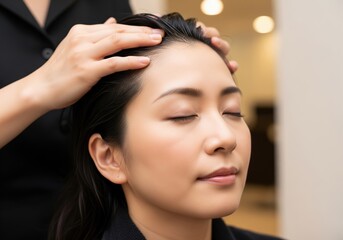 Naklejka premium Young Woman Receiving A Professional Head Massage In A Modern Hair And Beauty Salon