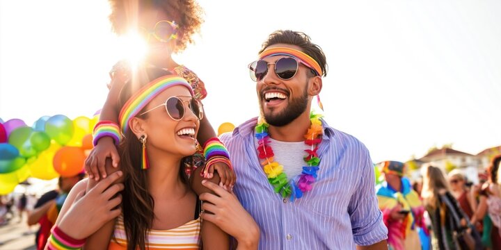 Family celebrating at a pride parade with rainbow accessories and balloons