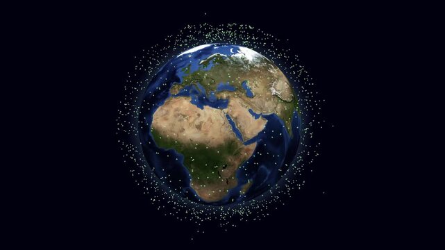 Earth spins, surrounded by countless orbiting satellites