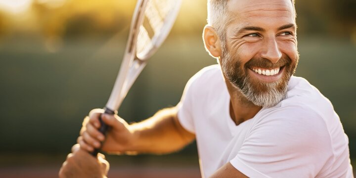 Smiling middle-aged man with beard playing tennis on a sunny day