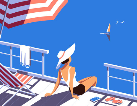 Women in sun hat on cruise vessel deck enjoy blue ocean scenic view. Summer seaside landscape background. Holiday vacation season sea trip leisure illustration. Sea sailing relax tourist vector poster