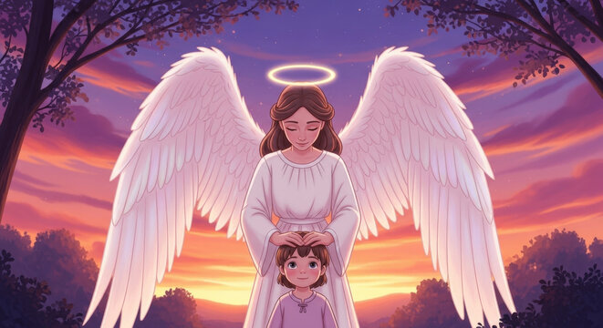 Angelic guardian, protective angel with child at sunset