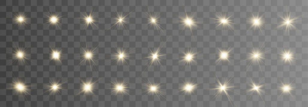 Shimmering golden stars set floats on dark abstract background. Bright spark effects add magical festive glow. Vector star collection for artwork use.