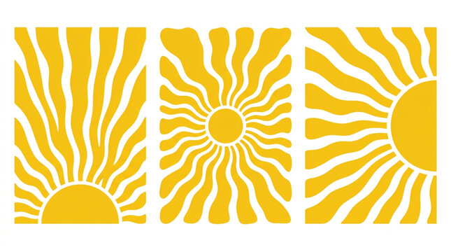 Set of three abstract sun ray panels with wavy yellow and white lines for modern wall art or creative summer branding and social media graphic design assets.