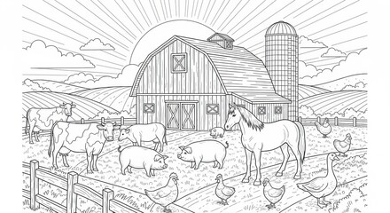 Fototapeta premium Sketch of a farm scene with barn silo and surrounding landscape