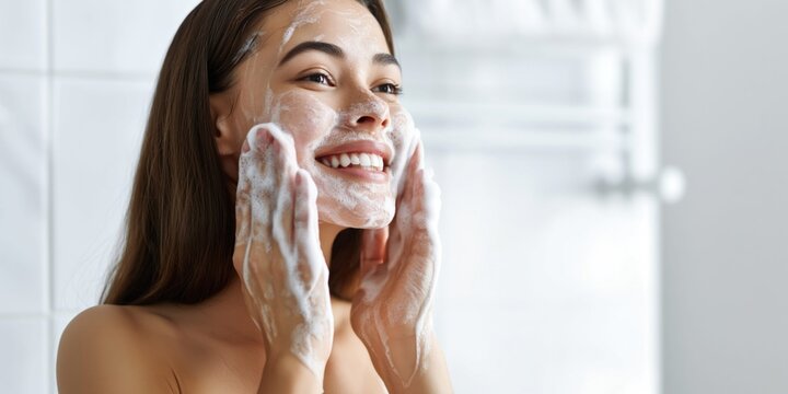 Young woman happily washing her face with cleansing foam in a bright bathroom