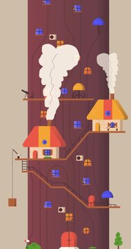 Vertical village with colorful houses stacked on tree trunks. Smoke rises from rooftops, showing daily life. Wooden stairs connect levels, with hanging baskets. Ideal for animations, children's media