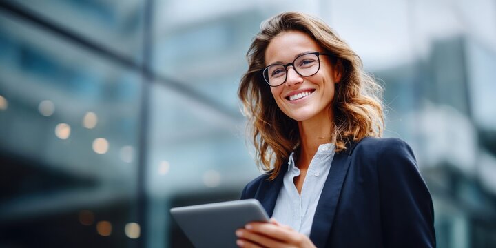 Smiling businesswoman with glasses holding a tablet computer outdoors in front of a modern building