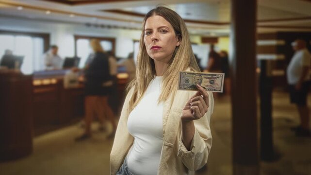 Woman holds banknote between fingers at bank teller counter, presenting a us fifty dollar bill; service tension.