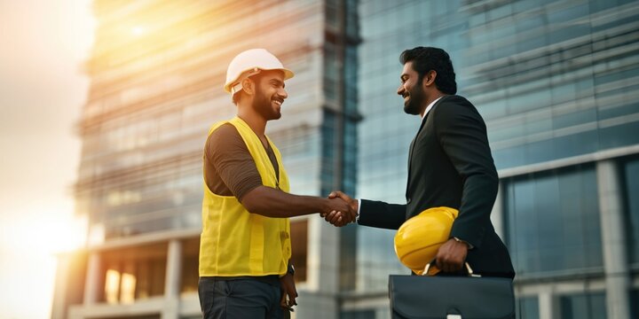 Two businessmen shaking hands in front of a modern office building at sunset