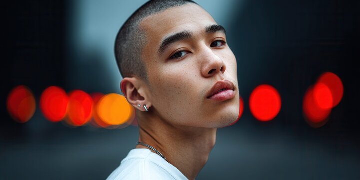Close-up portrait of a young Asian man with a buzz cut and subtle freckles against bokeh lights