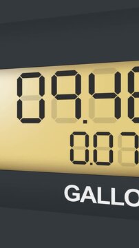 Digital illustration of a fuel pump display showing gasoline cost and gallons counter. The screen features a realistic numeric interface commonly seen at gas stations, representing fuel consumption
