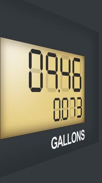 Digital illustration of a fuel pump display showing gasoline cost and gallons counter. The screen features a realistic numeric interface commonly seen at gas stations, representing fuel consumption