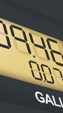 Digital illustration of a fuel pump display showing gasoline cost and gallons counter. The screen features a realistic numeric interface commonly seen at gas stations, representing fuel consumption