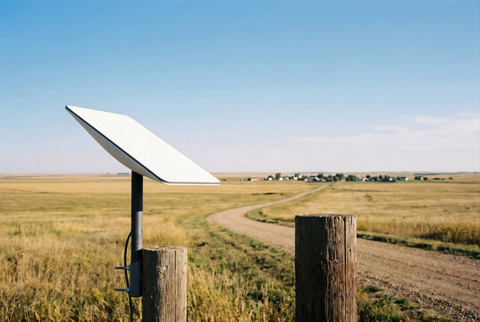 Modern satellite dish providing remote village internet connection in rural countryside landscape for high speed broadband access