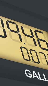 Digital illustration of a fuel pump display showing gasoline cost and gallons counter. The screen features a realistic numeric interface commonly seen at gas stations, representing fuel consumption