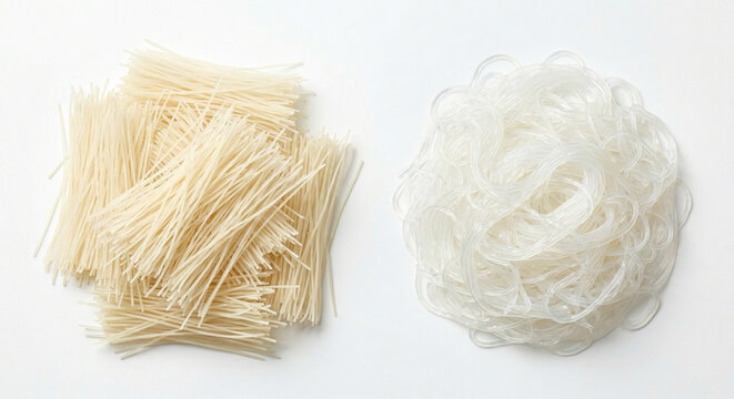 Pile of raw dried vermicelli beside cooked noodles transformation