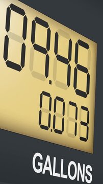 Digital illustration of a fuel pump display showing gasoline cost and gallons counter. The screen features a realistic numeric interface commonly seen at gas stations, representing fuel consumption