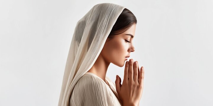 Young woman in profile with eyes closed, wearing a headscarf and praying with hands together