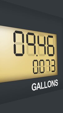 Digital illustration of a fuel pump display showing gasoline cost and gallons counter. The screen features a realistic numeric interface commonly seen at gas stations, representing fuel consumption