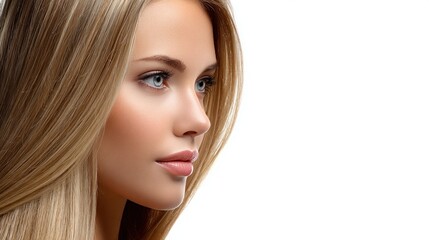 Naklejka premium Beautiful blonde woman with blue eyes and perfect skin in profile view