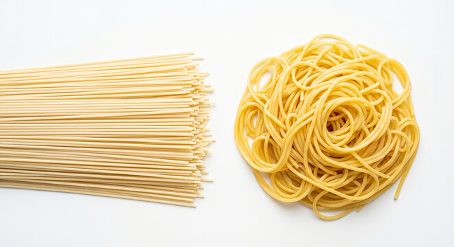 Pile of raw and cooked spaghetti on white background