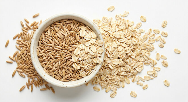 Raw rolled oats and whole oat groats on white background