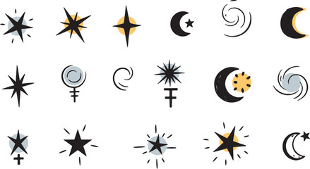 Obraz premium Celestial vector icons stars moons and spirals diverse graphic elements