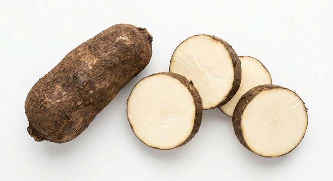 Fresh whole and sliced yam with rough brown skin