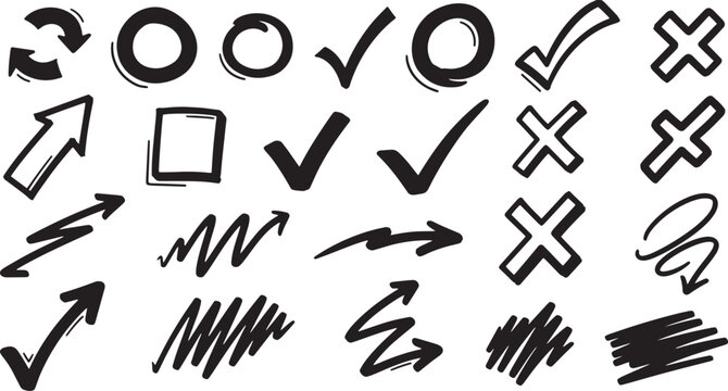 Hand drawn vector elements arrows checks and scribbles for design illustration