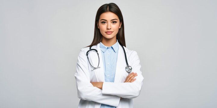 Confident female doctor in white coat with stethoscope, arms crossed, professional demeanor