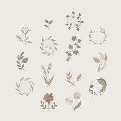 Fototapeta premium Minimalist spring flowers and leaves decorative vector elements set for branding
