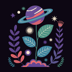 Surreal celestial garden with planet saturn flower and starry night elements © Promeshor