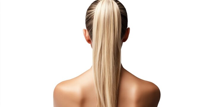 Back view of a woman with blonde hair in a high ponytail against a white background