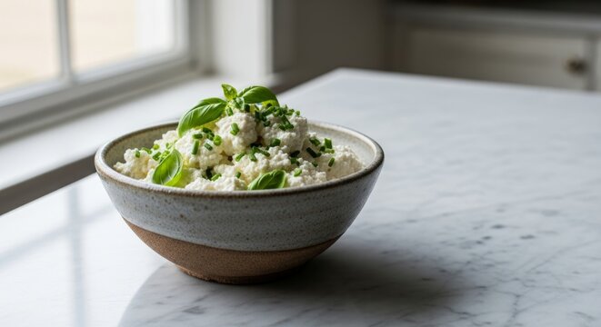 Fresh ricotta with basil and chives on marble countertop