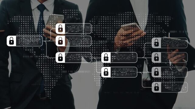 A group of business professionals stand together, holding smartphones amid a digital security interface symbolizing data protection and cybersecurity in modern work environments. Raster
