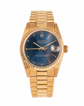 Rolex Oyster Perpetual Datejust watch, 18kt yellow gold case, with blue dial and gold indexes. Milan, Italy, December 02, 2025