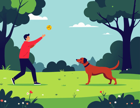  Hombre jugando con su perro en un parque verde al aire libre.
