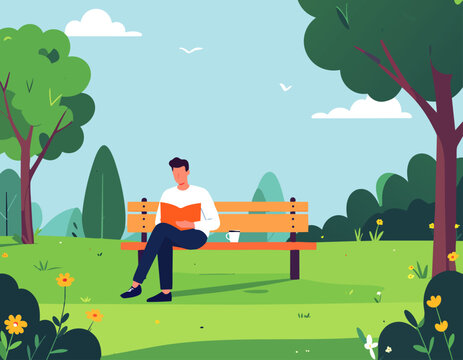  Hombre sentado en un banco leyendo un libro en un parque tranquilo.
