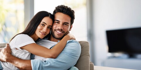 Obraz premium Young couple embracing on a sofa, sharing a tender moment of connection and love