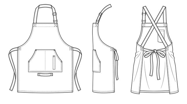 Bib Apron Uniform Technical Drawing Blueprint, Workwear Multi-View Line Art Vector